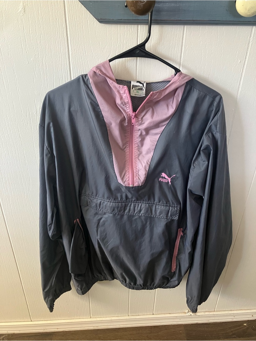 Vintage Rare Puma Gray and Pink Hooded Windbreaker Jacket